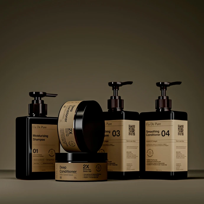 Various dark bottles and jars of skincare products.